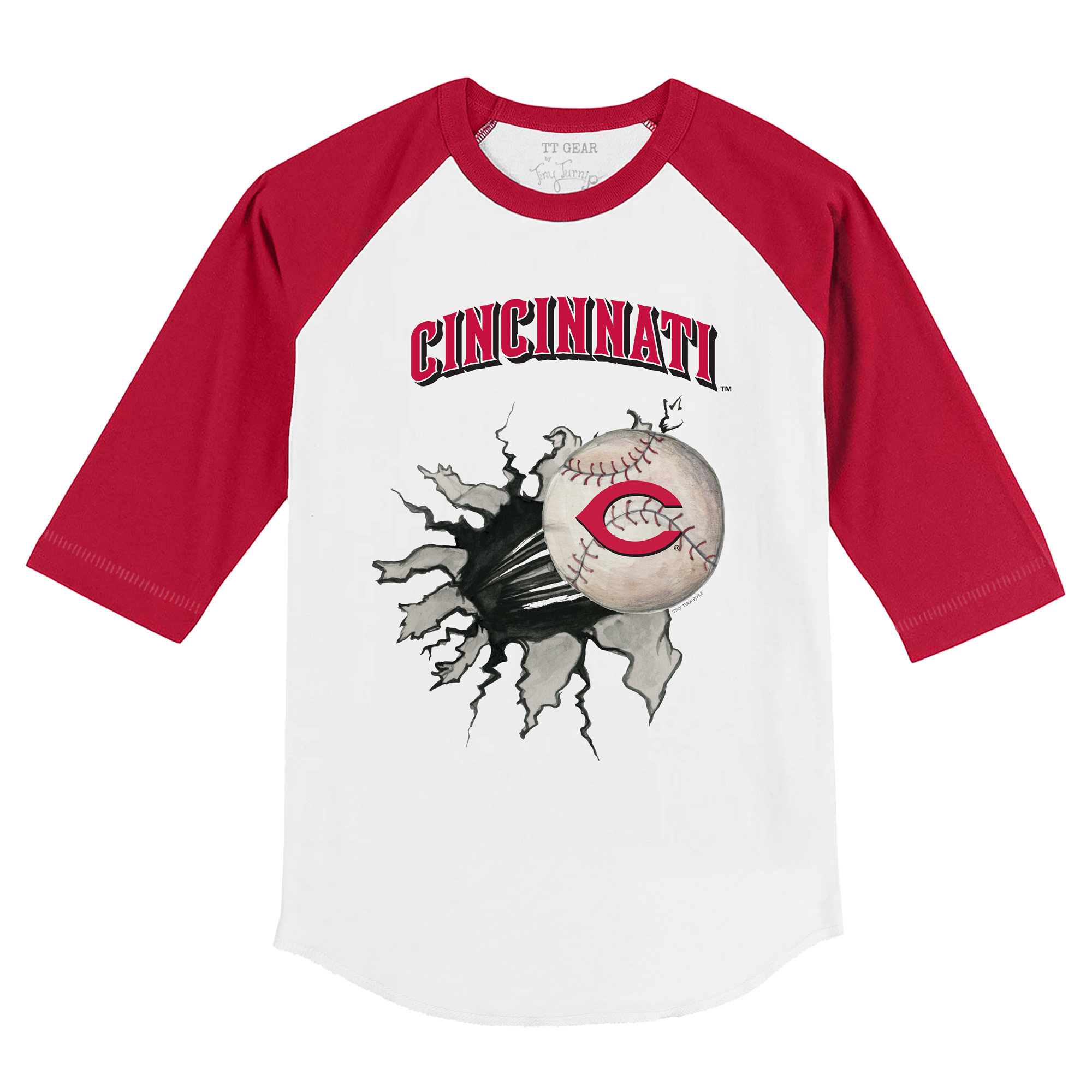 Youth Tiny Turnip White/Red Cincinnati Reds Baseball Tear 3/4-Sleeve Raglan T-Shirt - Image 6