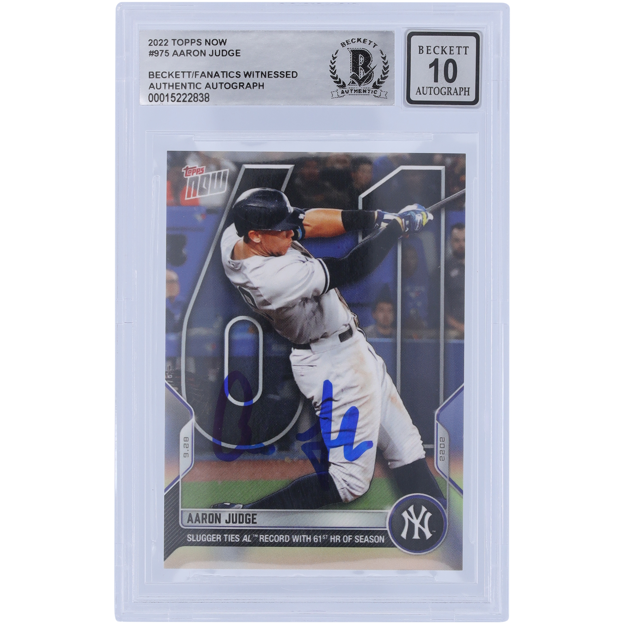 Aaron Judge New York Yankees Autographed 2022 Topps Now 61st HR #975 Beckett Fanatics Witnessed Authenticated 10 Card - Image 4