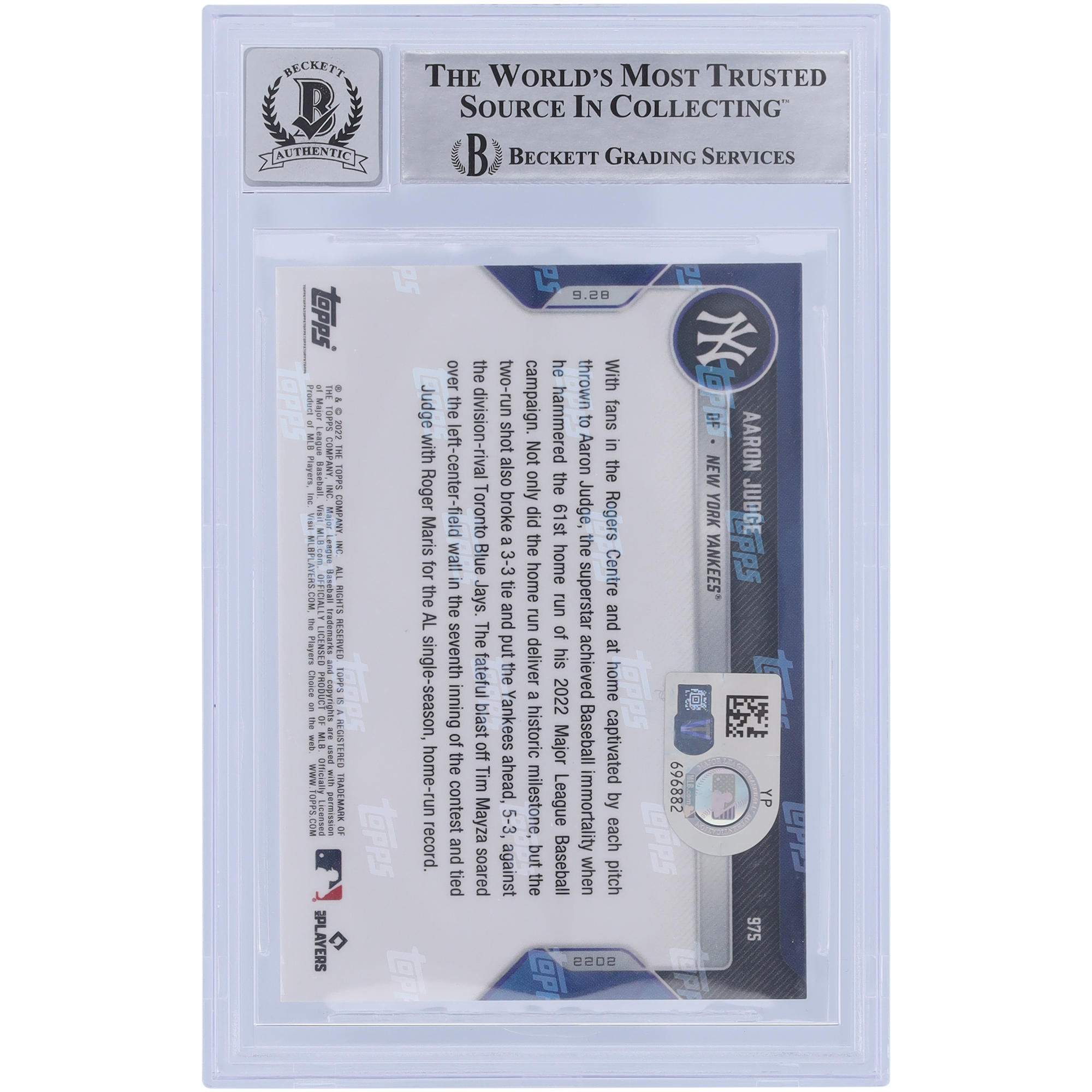 Aaron Judge New York Yankees Autographed 2022 Topps Now 61st HR #975 Beckett Fanatics Witnessed Authenticated 10 Card - Image 5