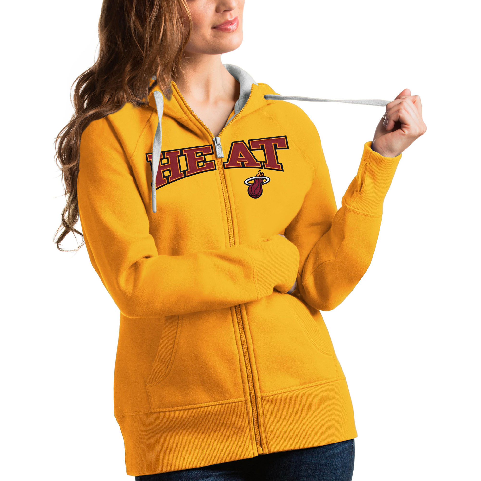Women's Antigua Gold Miami Heat Team Victory Full-Zip Hoodie