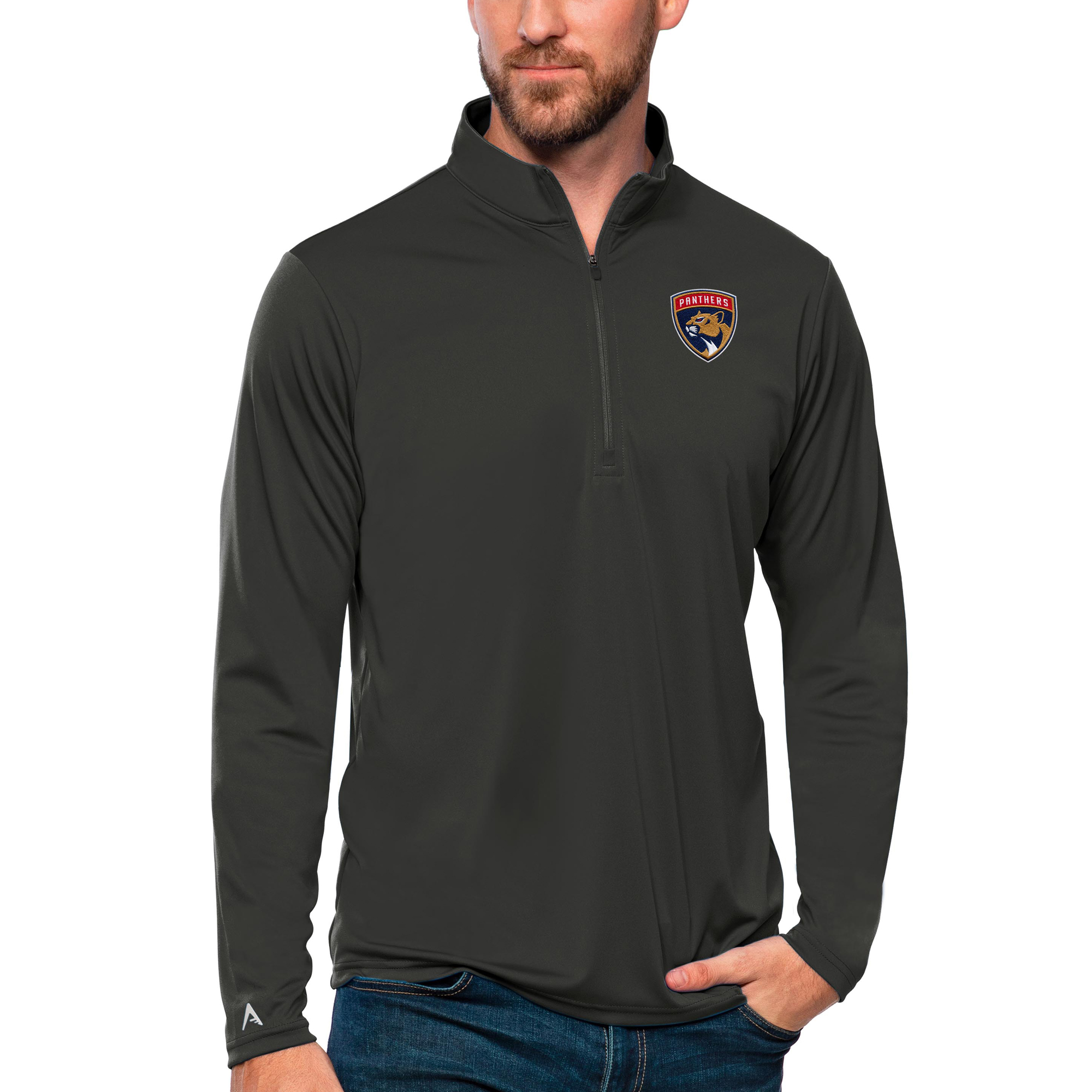 Men's Antigua Charcoal Florida Panthers Tribute Quarter-Zip Pullover Top