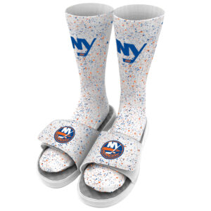 Youth ISlide White New York Islanders Speckle Socks & Slide Sandals Bundle