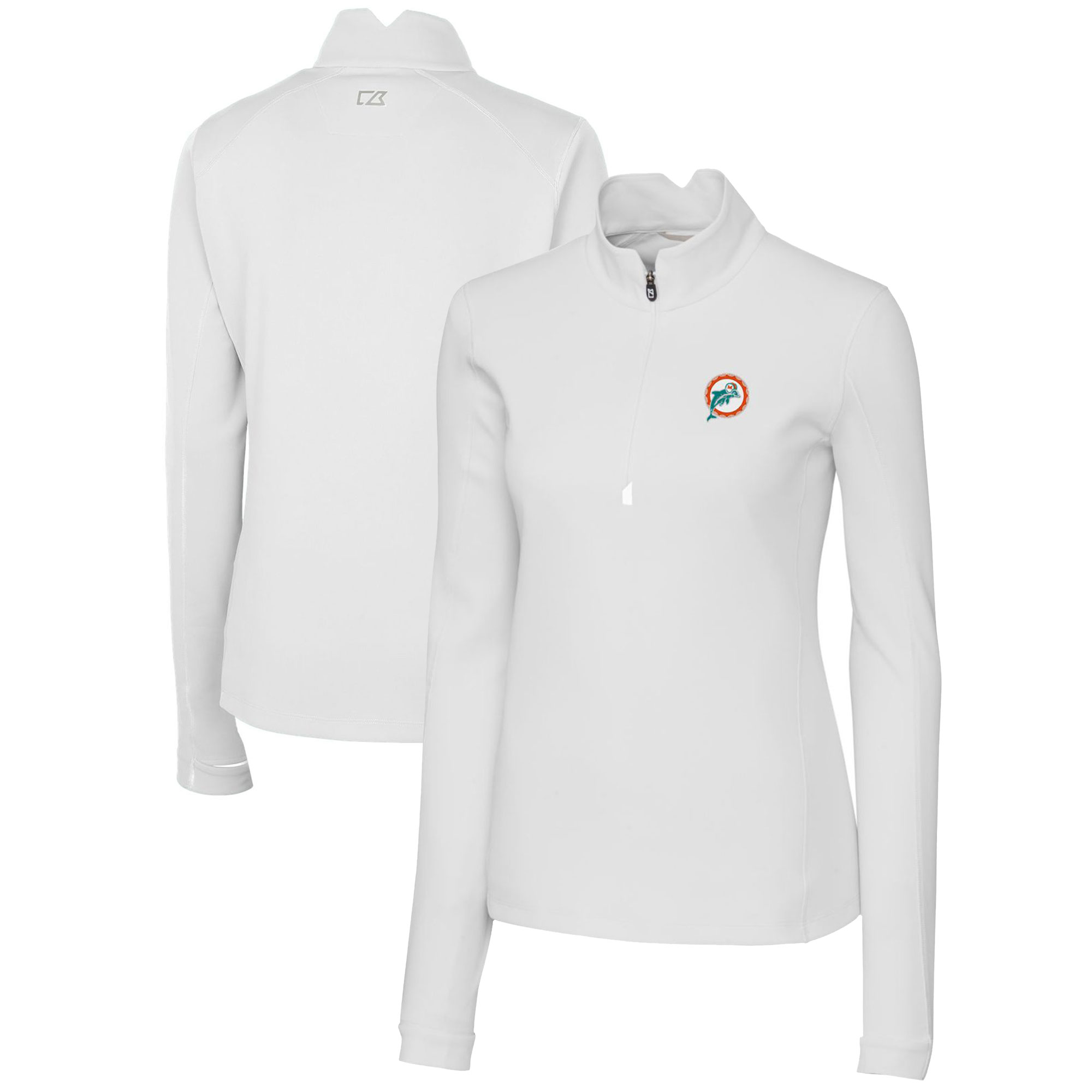 Women's Cutter & Buck White Miami Dolphins Throwback Logo Traverse Stretch Quarter-Zip Pullover Top