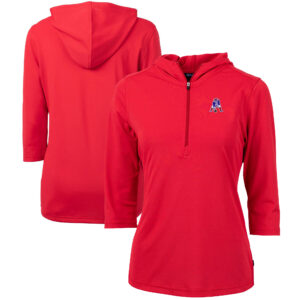 Women's Cutter & Buck Red New England Patriots Throwback Logo Virtue Eco Pique 3/4 Sleeve Half-Zip Pullover Hoodie