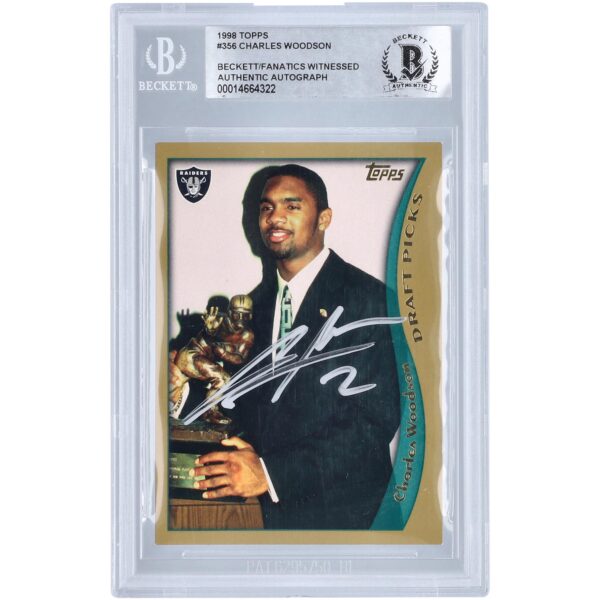 Charles Woodson Oakland Raiders Autographed 1998 Topps #356 Beckett Fanatics Witnessed Authenticated Rookie Card