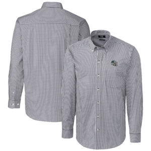 Men's Cutter & Buck  Charcoal Carolina Panthers Helmet Easy Care Stretch Gingham Long Sleeve Button-Down Shirt