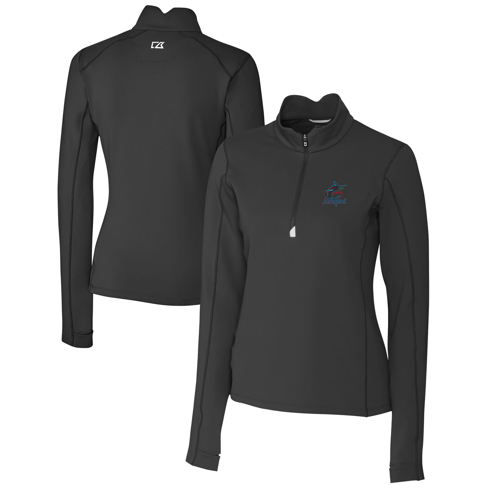 Women's Cutter & Buck Black Miami Marlins DryTec Traverse Stretch Quarter-Zip Pullover Top