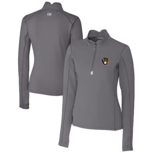Women's Cutter & Buck  Gray Milwaukee Brewers DryTec Traverse Stretch Quarter-Zip Pullover Top