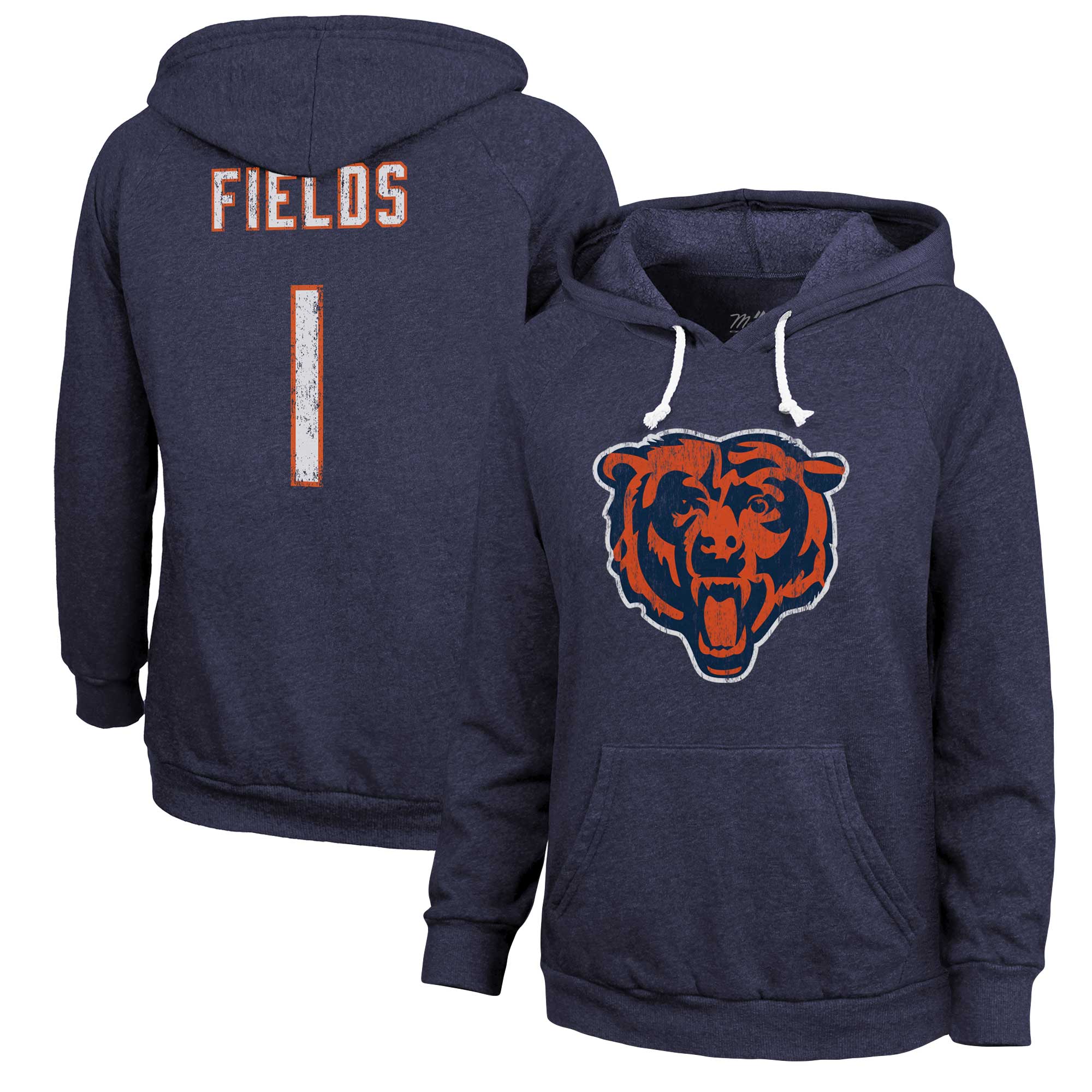 Women's Majestic Threads Justin Fields Navy Chicago Bears Name & Number Tri-Blend Pullover Hoodie