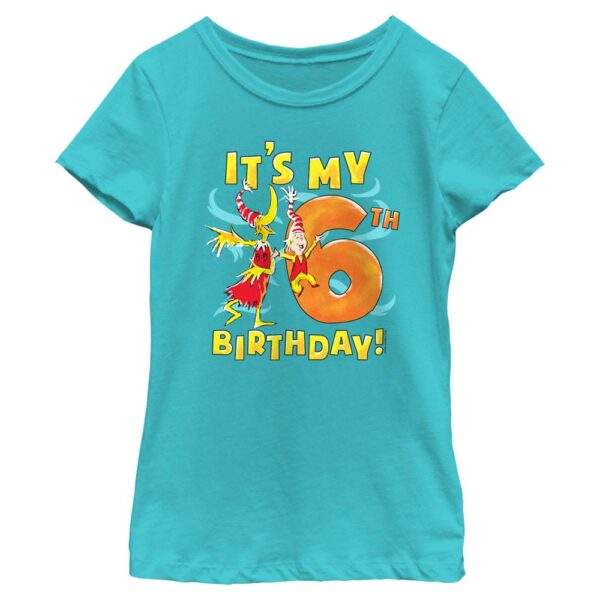 Girl's Youth Mad Engine  Turquoise Dr. Seuss 6th Birthday Graphic T-Shirt