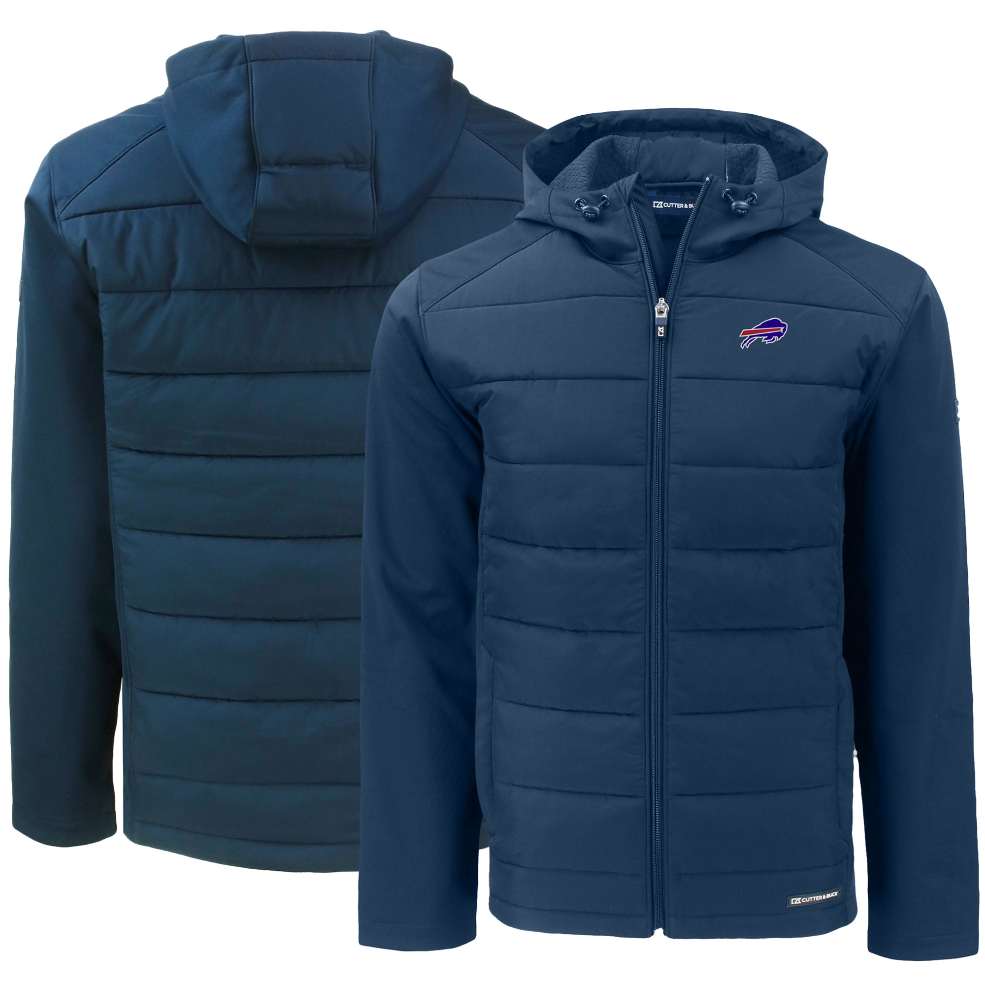 Men's Cutter & Buck Navy Buffalo Bills Evoke PrimaLoft Hybrid Eco Softshell Recycled Full-Zip Hooded Jacket