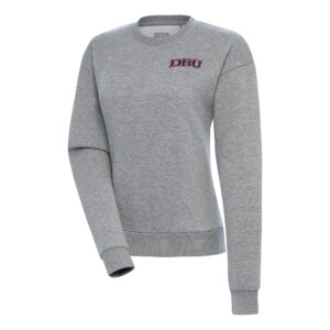 Women's Antigua Heather Gray Dallas Baptist Patriots Victory Crewneck Pullover Sweatshirt