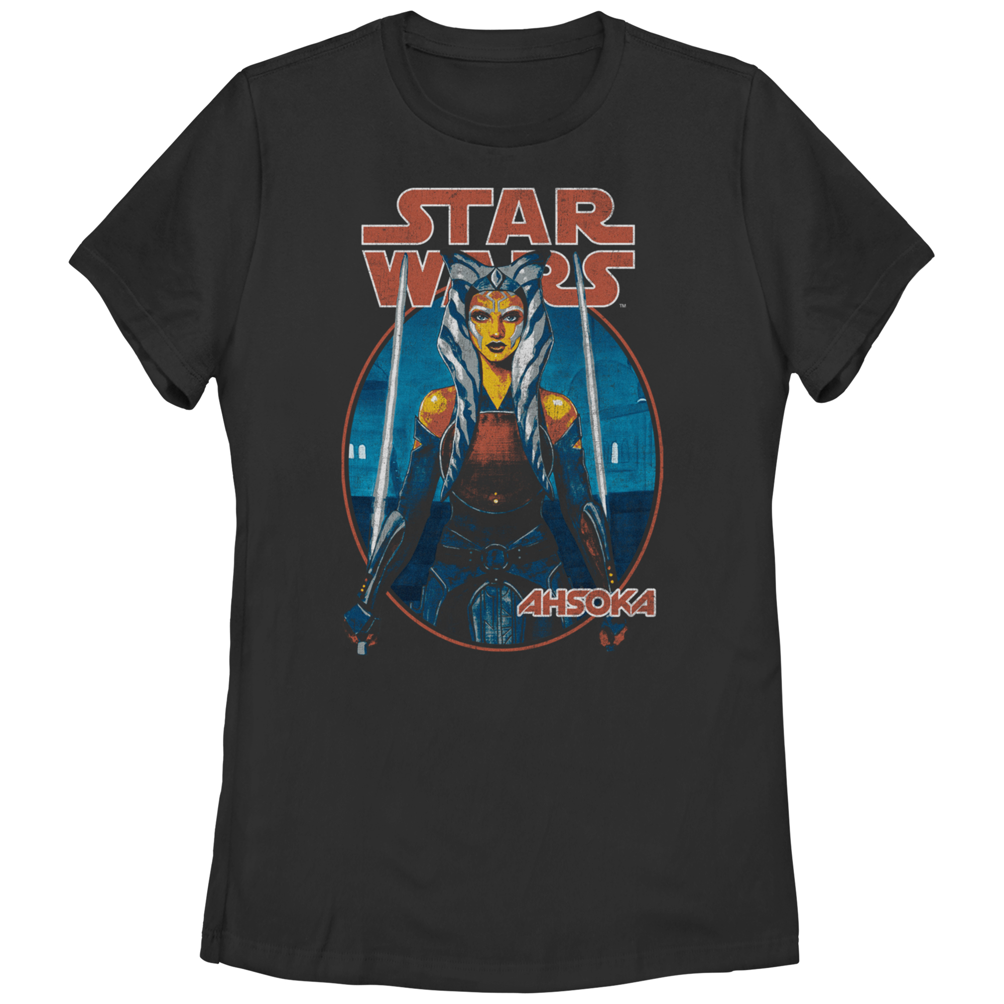 Women's Mad Engine Ahsoka Tano Black Star Wars Twin Sabers Graphic T-Shirt