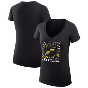 Women's G-III 4Her by Carl Banks Black Utah Jazz Team Name Collage Fitted Graphic V-Neck T-Shirt