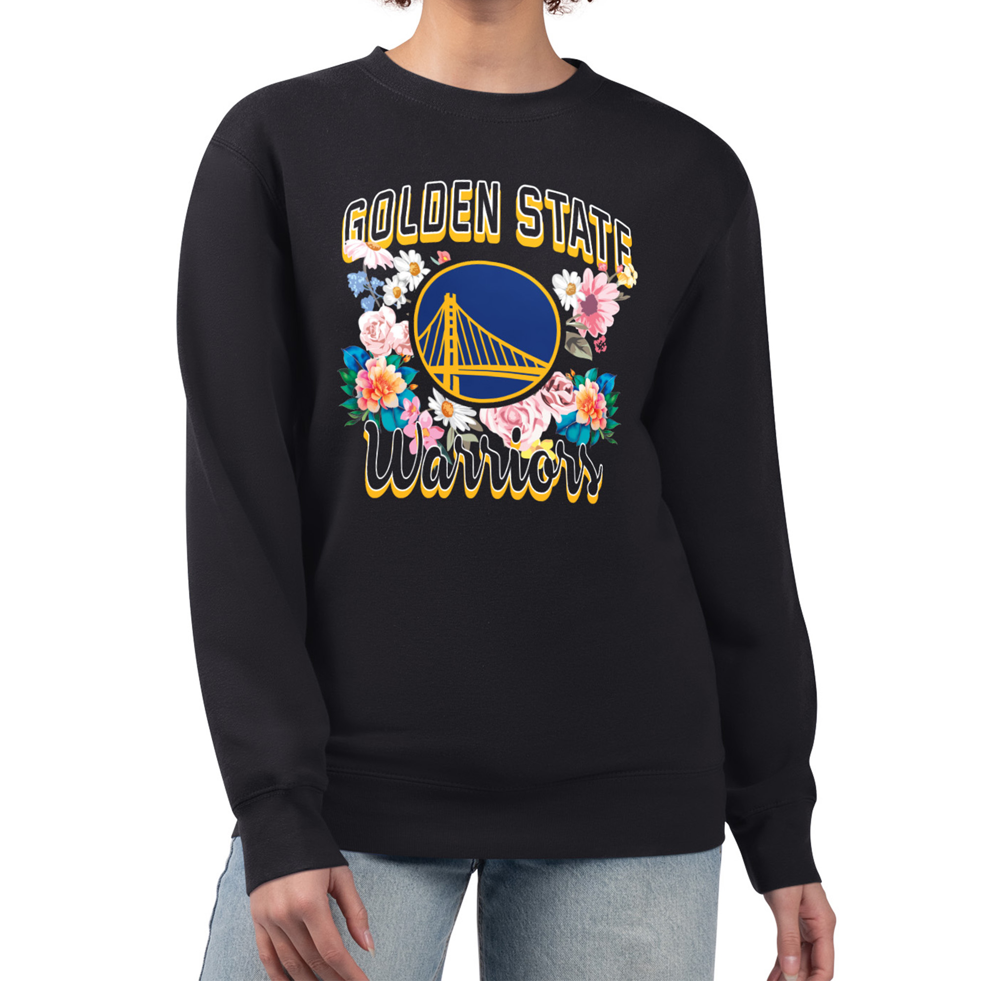 Women's G-III 4Her by Carl Banks Black Golden State Warriors Flowers Team Logo Graphic Fleece Crewneck Pullover Sweatshirt - Image 2