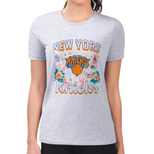 Women's G-III 4Her by Carl Banks Heather Gray New York Knicks Flowers Team Logo Graphic Fitted T-Shirt