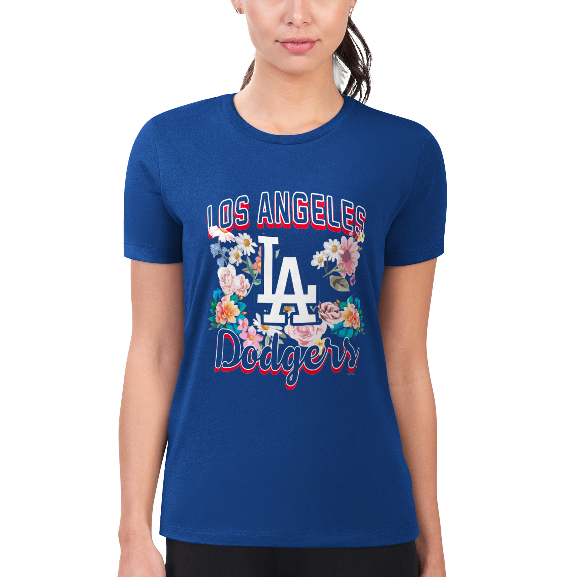 Women's G-III 4Her by Carl Banks Royal Los Angeles Dodgers Flowers Graphic Fitted T-Shirt - Image 2