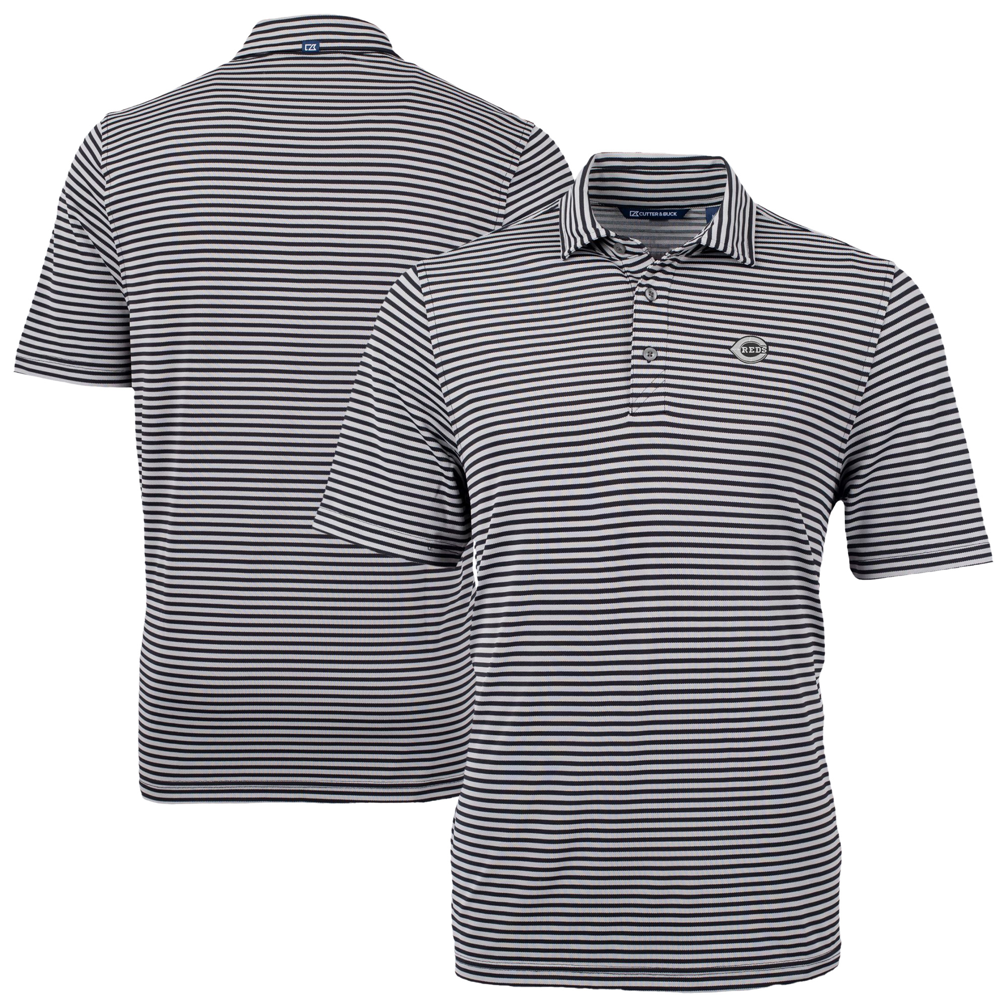 Men's Cutter & Buck Black/White Cincinnati Reds Virtue Eco Pique Stripe Recycled Polo