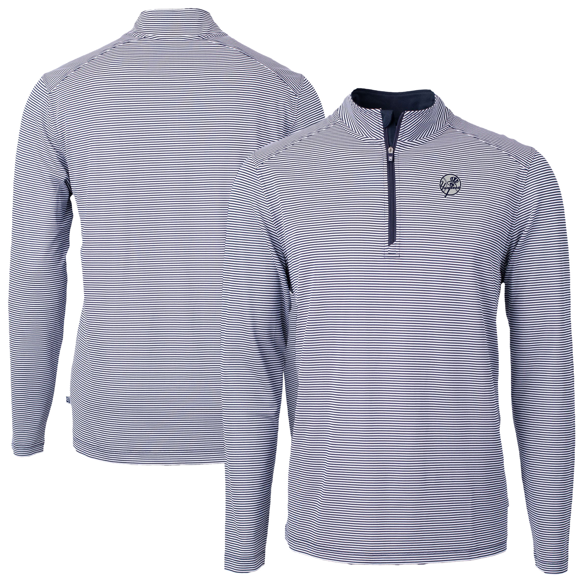 Men's Cutter & Buck Navy New York Yankees Virtue Eco Pique Micro Stripe Quarter-Zip Jacket
