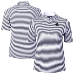 Women's Cutter & Buck Navy Chicago Bears Virtue Eco Pique Stripe Recycled Quarter-Zip Top