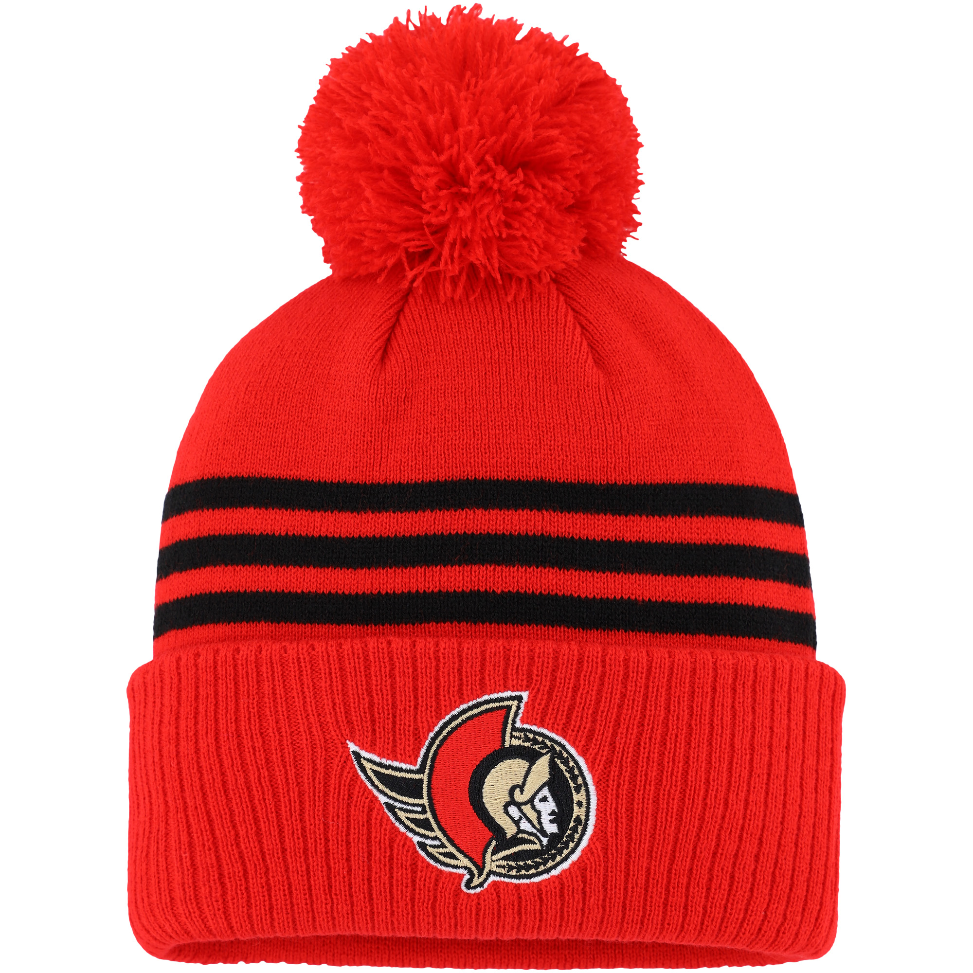 Men's adidas Red Ottawa Senators Locker Room Three Stripe Cuffed Knit Hat with Pom - Image 4