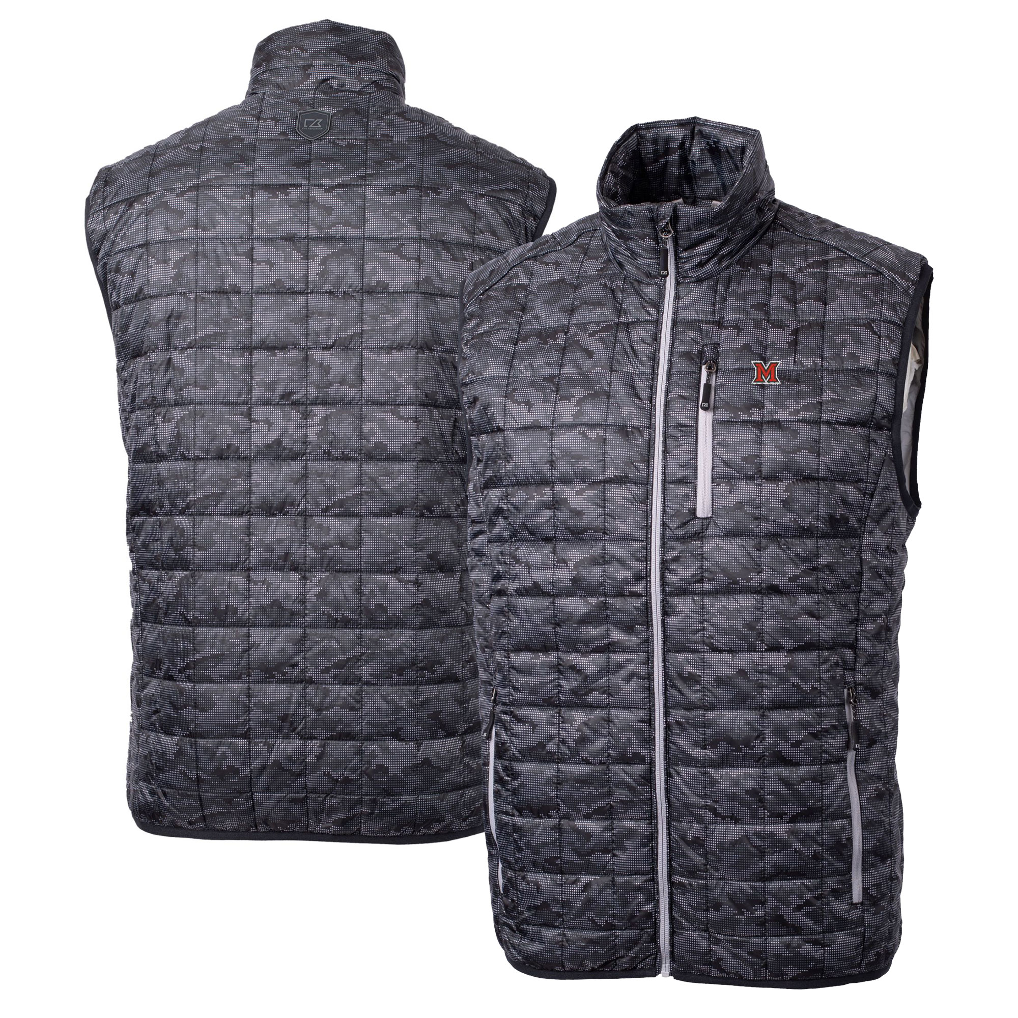 Men's Cutter & Buck Black Miami University RedHawks Rainier PrimaLoft Eco Insulated Printed Full-Zip Puffer Vest