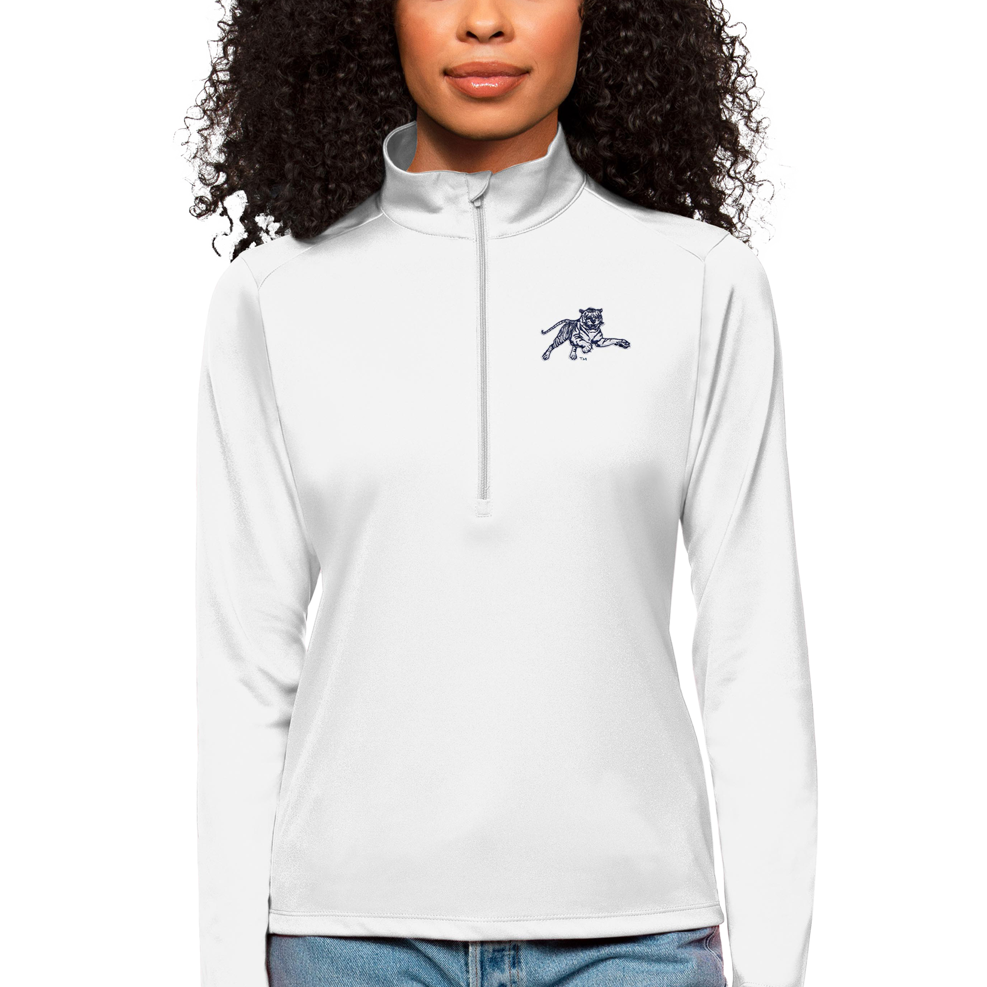 Women's Antigua White Jackson State Tigers Tribute Quarter-Zip Pullover Top