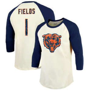 Men's Majestic Threads Justin Fields Cream/Navy Chicago Bears Vintage Player Name & Number 3/4-Sleeve Fitted T-Shirt