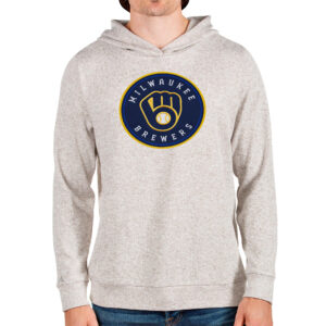 Men's Antigua Oatmeal Milwaukee Brewers Team Logo Absolute Pullover Hoodie