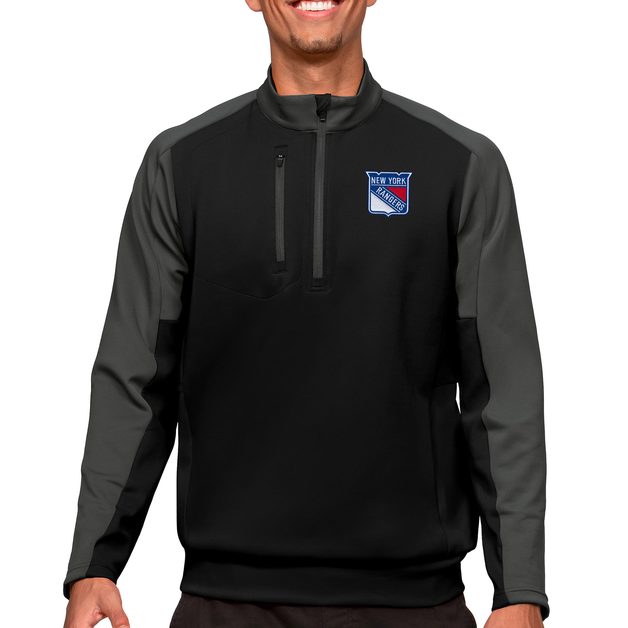 Men's Antigua Black/Charcoal New York Rangers Quarter-Zip Pullover Top