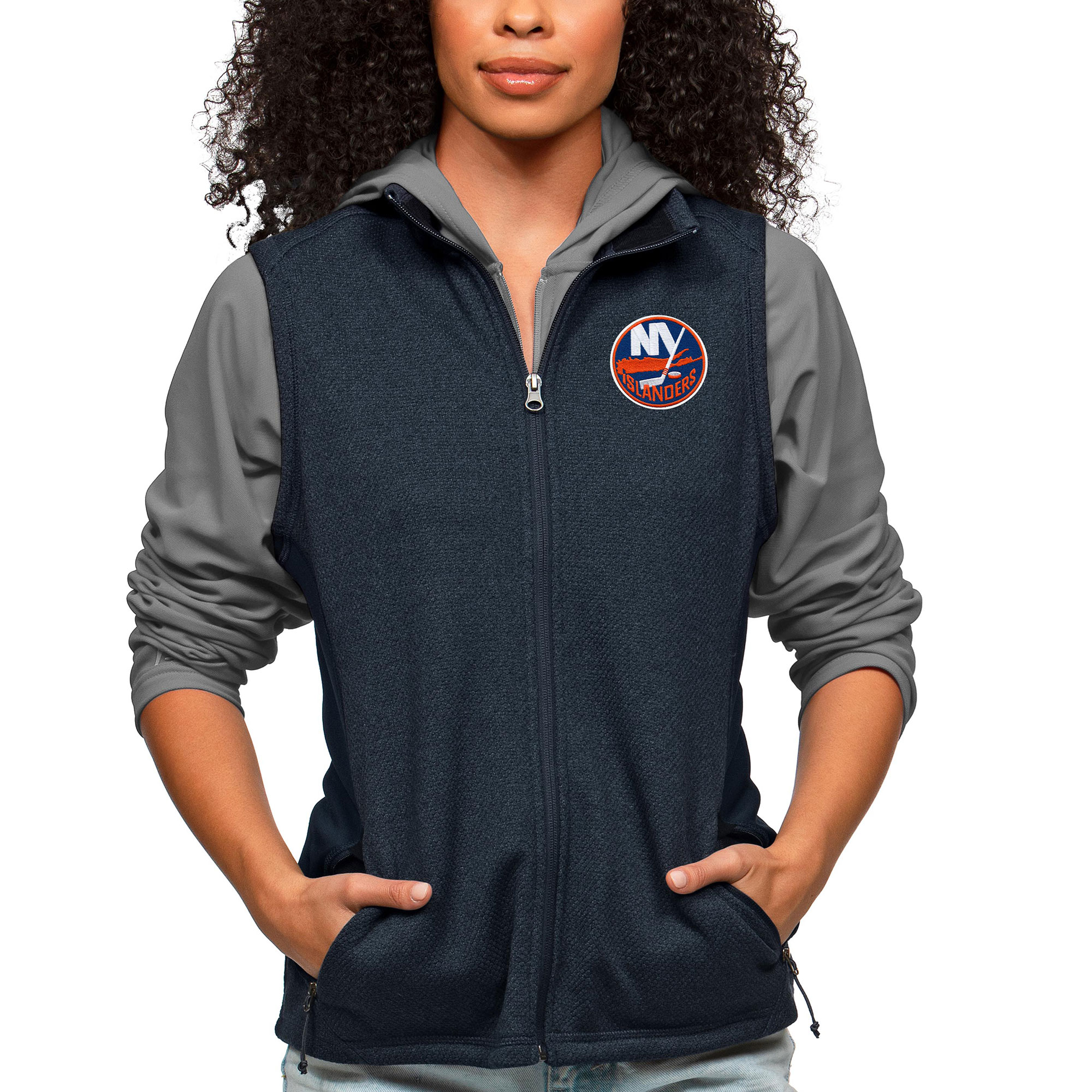 Women's Antigua Heather Navy New York Islanders Primary Logo Course Full-Zip Vest