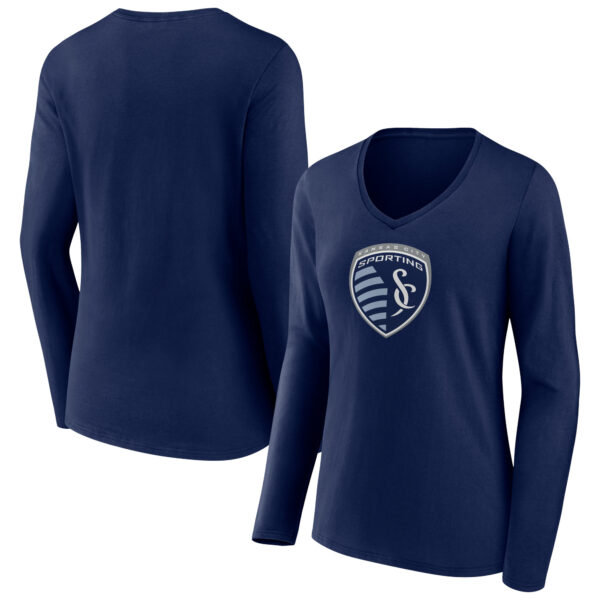 Women's Navy Sporting Kansas City Official Logo Long Sleeve V-Neck T-Shirt