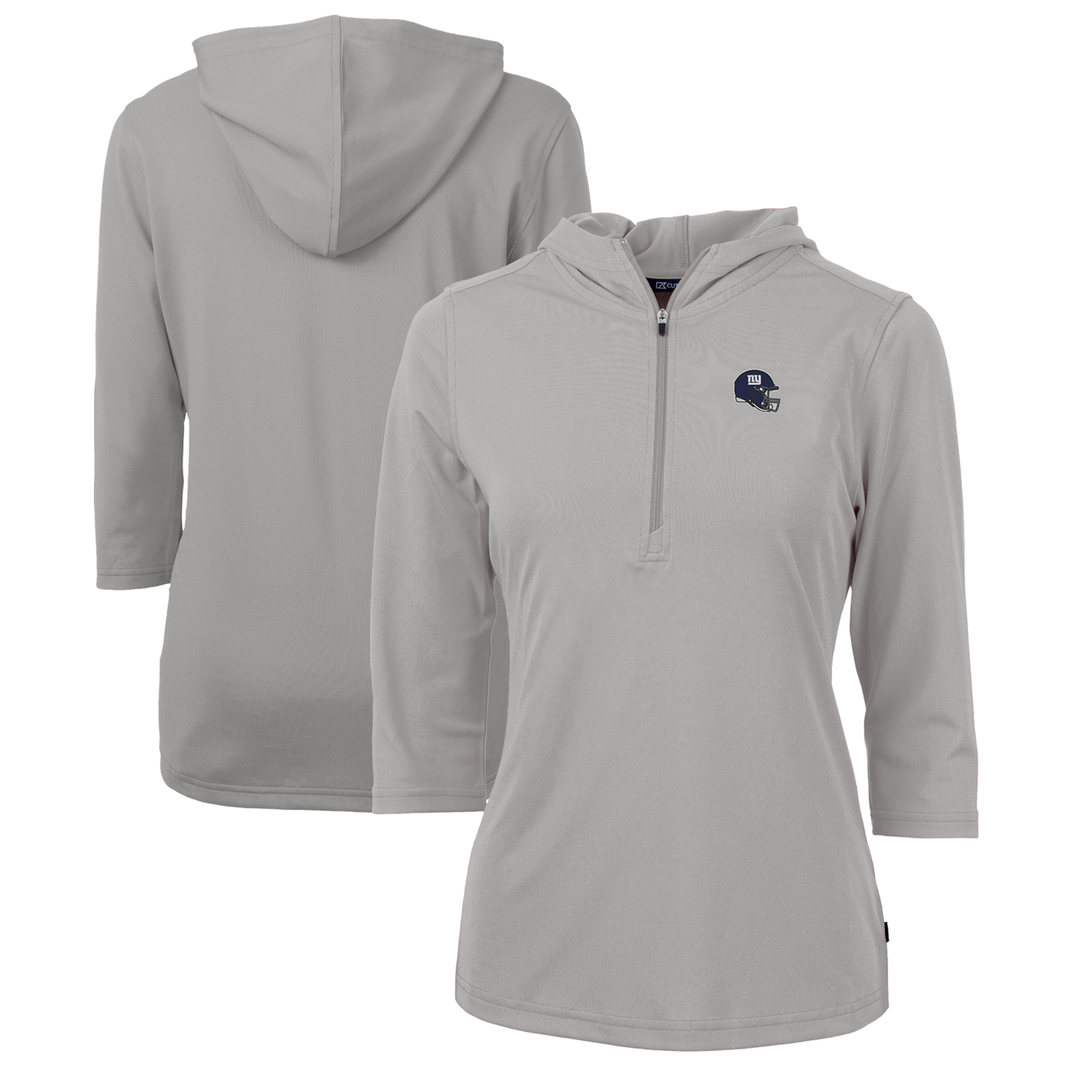 Women's Cutter & Buck Heather Gray New York Giants Helmet Logo DryTec Virtue Eco Pique Recycled 3/4-Sleeve Half-Zip Pullover Hoodie
