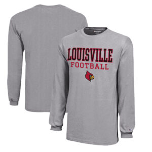 Youth Champion  Gray Louisville Cardinals Stacked Logo Long Sleeve Football T-Shirt