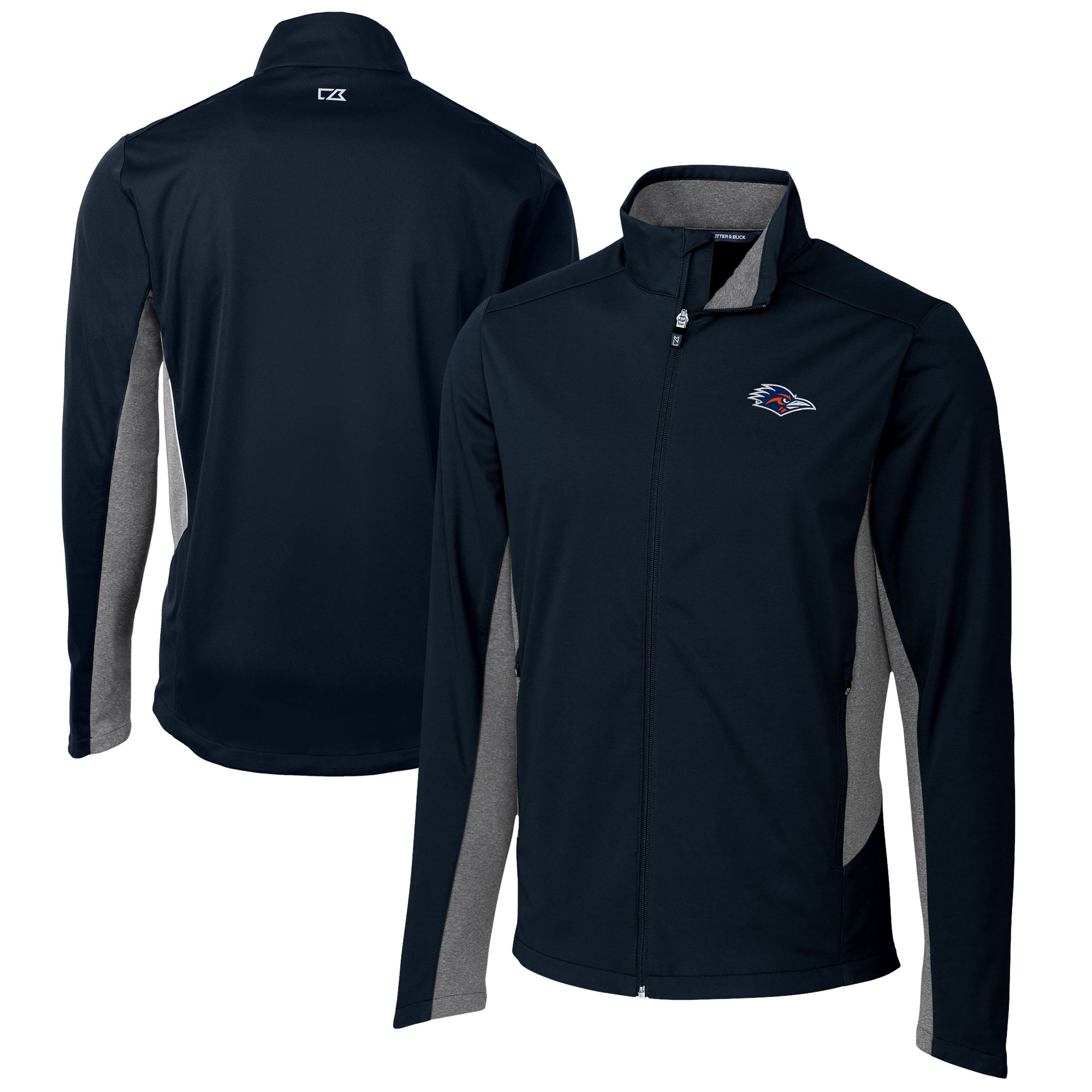 Men's Cutter & Buck Navy UTSA Roadrunners Navigate Softshell Full-Zip Jacket