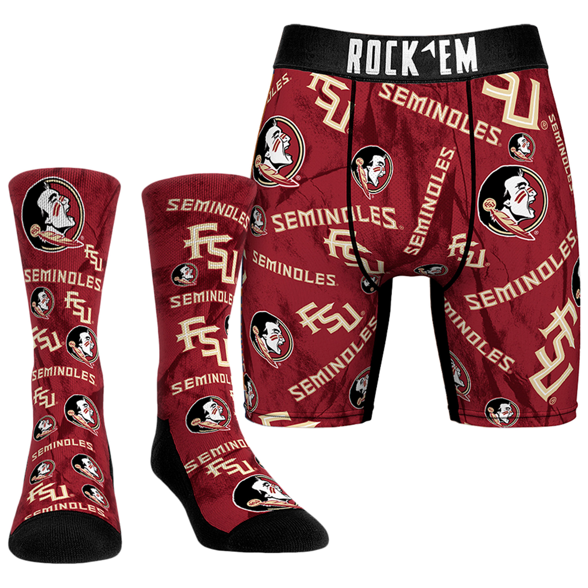 Men's Rock Em Socks Florida State Seminoles All-Over Underwear and Crew Socks Combo Pack - Image 2