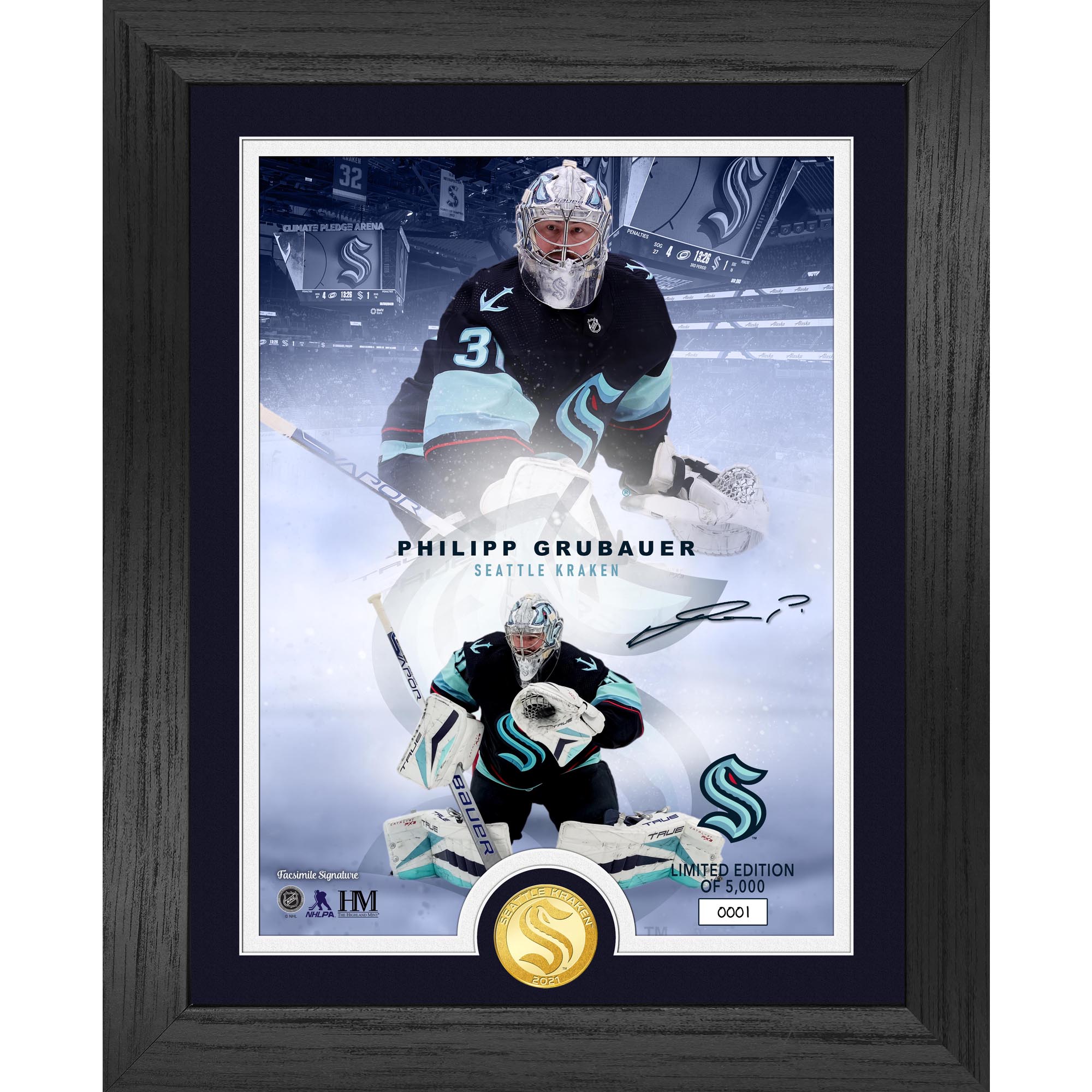 Highland Mint Philipp Grubauer Seattle Kraken 13" x 16" Legends Bronze Coin Photo Mint