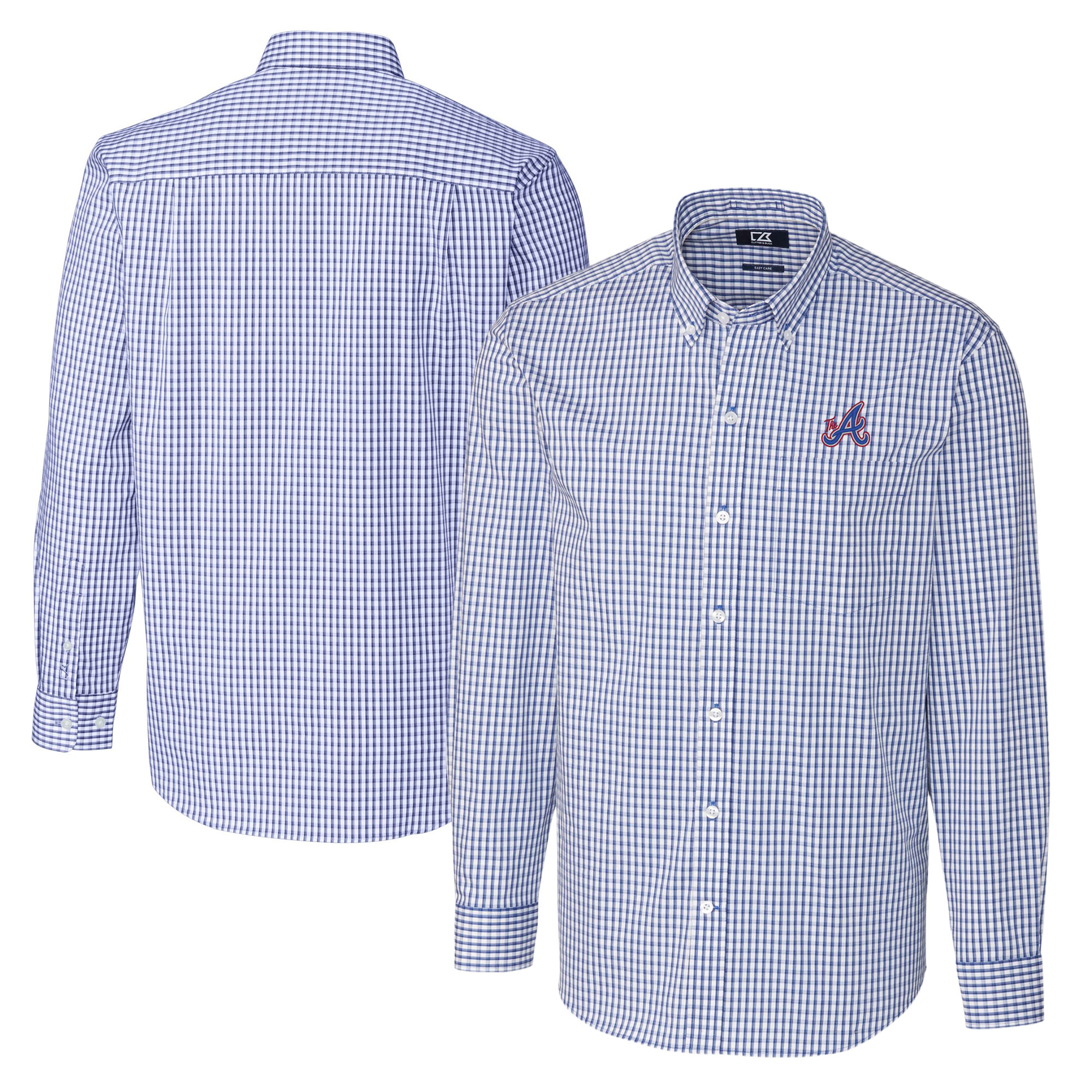 Men's Cutter & Buck Blue Atlanta Braves City Connect Easy Care Stretch Gingham Long Sleeve Dress Shirt