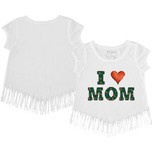 Girls Youth Tiny Turnip White Miami Hurricanes I Love Mom Fringed T-Shirt