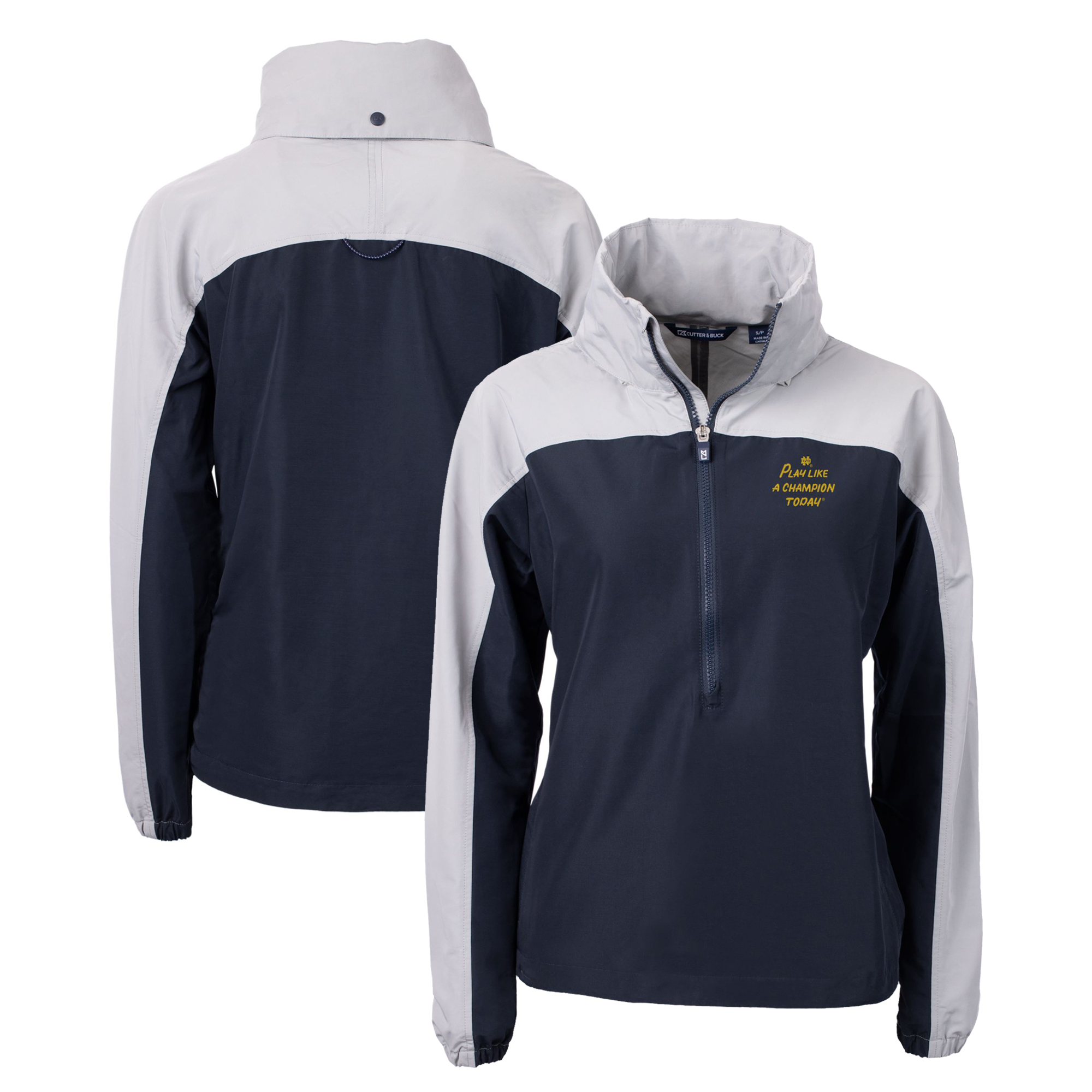 Women's Cutter & Buck Navy/Gray Notre Dame Fighting Irish Play Like A Champion Today Charter Eco Recycled Half-Zip Anorak Jacket - Image 2