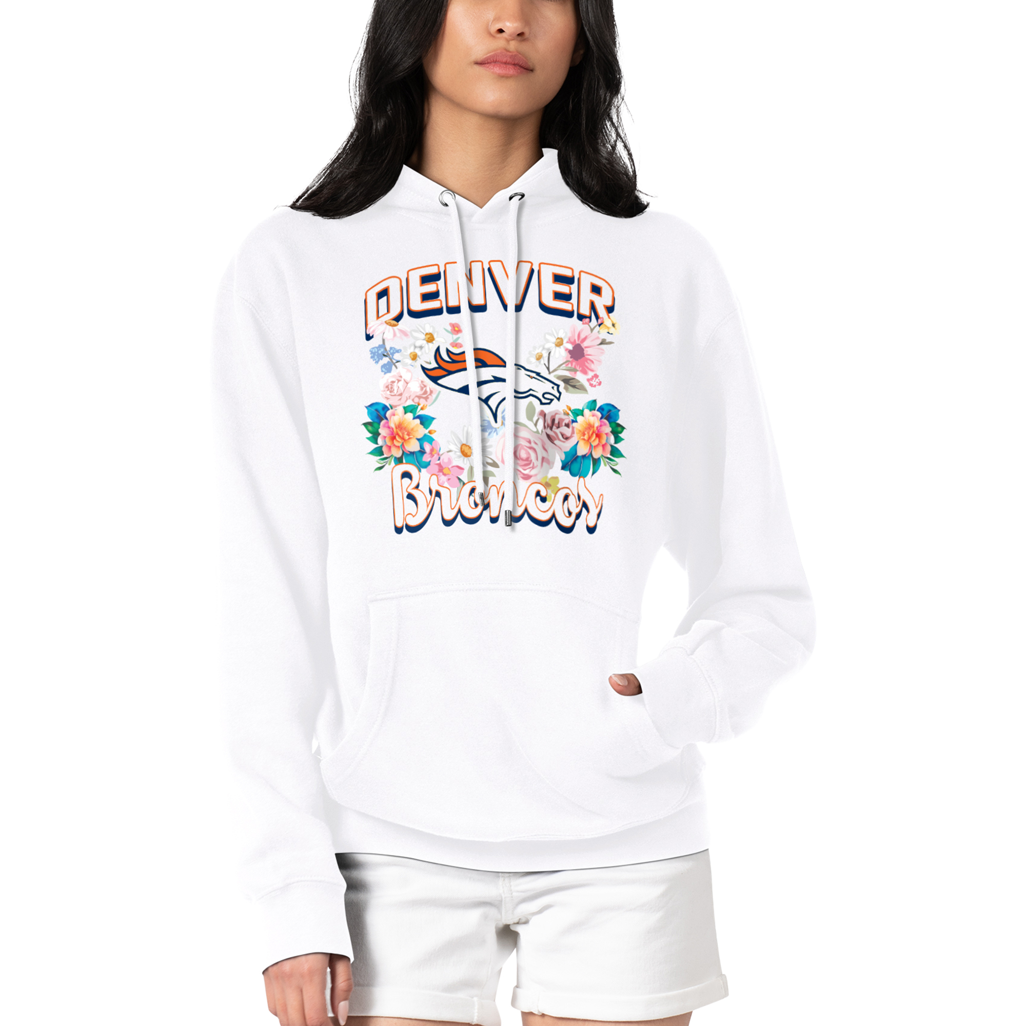 Women's G-III 4Her by Carl Banks White Denver Broncos Flowers Team Logo Graphic Fleece Pullover Hoodie