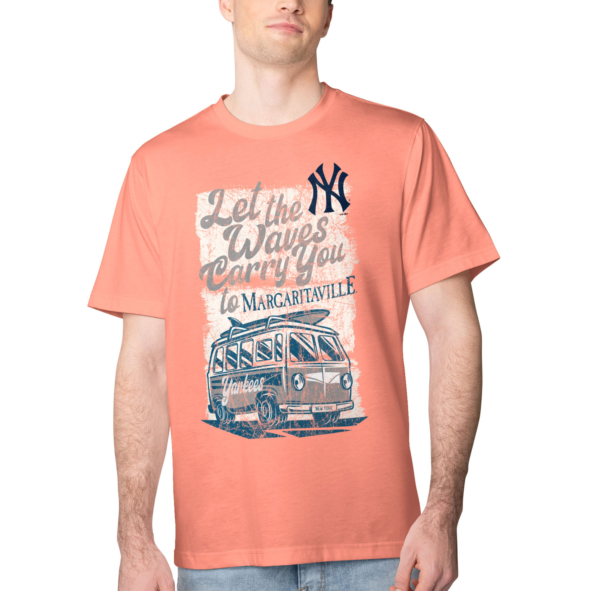 Men's Margaritaville Coral New York Yankees Bus Waves Graphic T-Shirt
