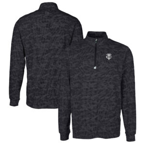 Men's Cutter & Buck Black Minnesota Twins Big & Tall Traverse Stretch Camo Print Eco DryTec Quarter-Zip Top