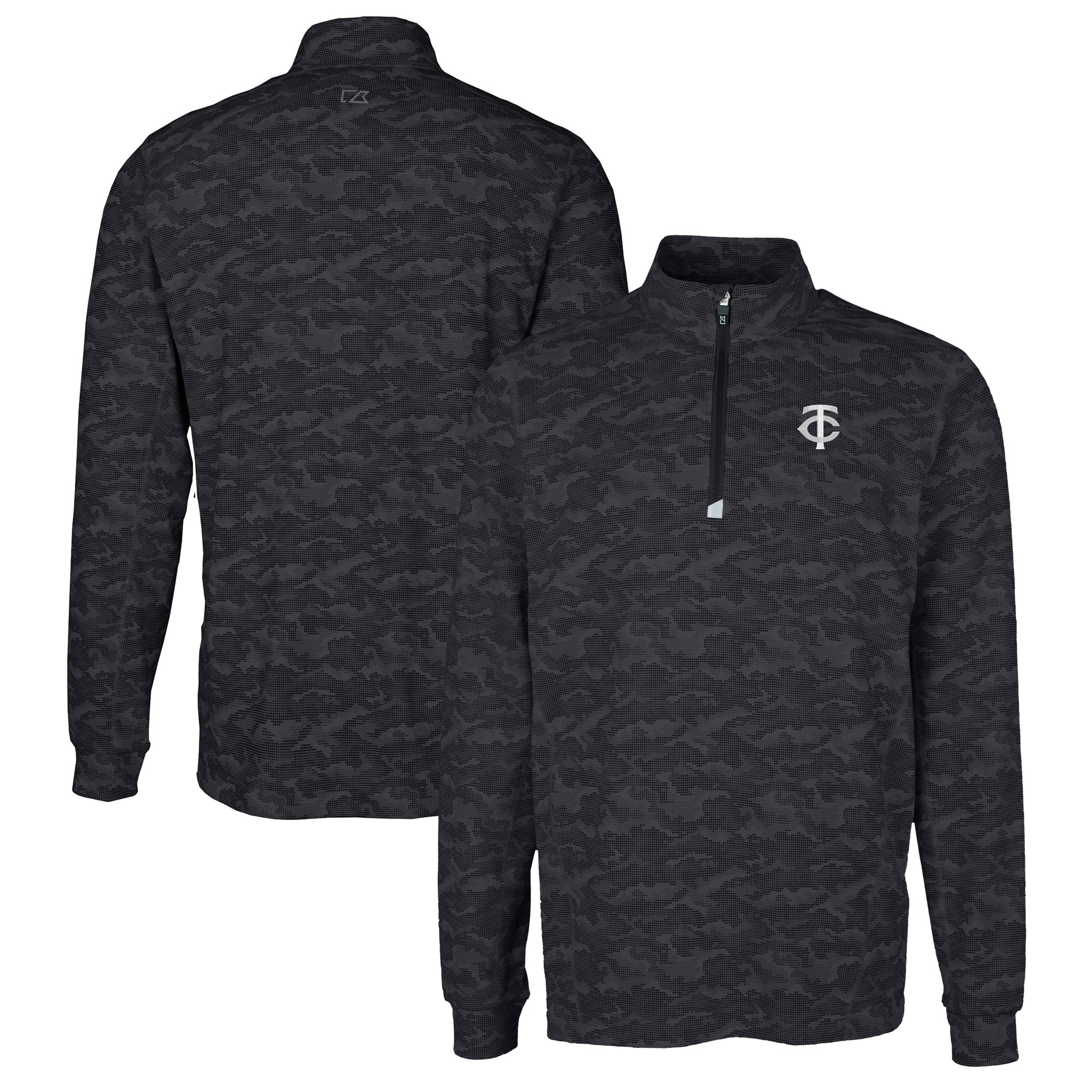 Men's Cutter & Buck Black Minnesota Twins Big & Tall Traverse Stretch Camo Print Eco DryTec Quarter-Zip Top