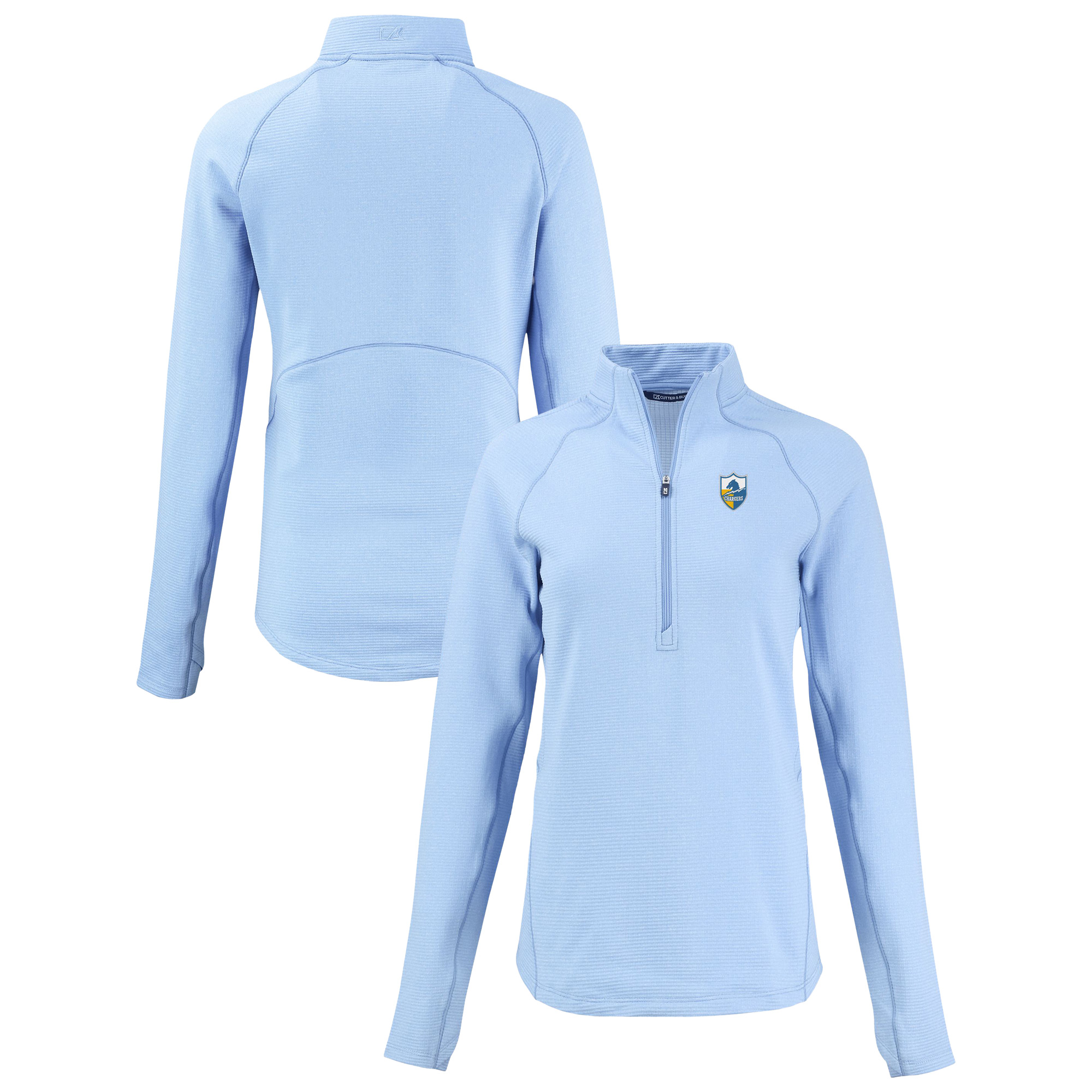Women's Cutter & Buck Heather Powder Blue Los Angeles Chargers Peshastin Eco Fleece Recycled Tri-Blend Raglan Half-Zip Jacket