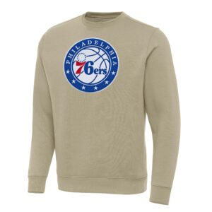 Men's Antigua Khaki Philadelphia 76ers Victory Crewneck Pullover Sweatshirt