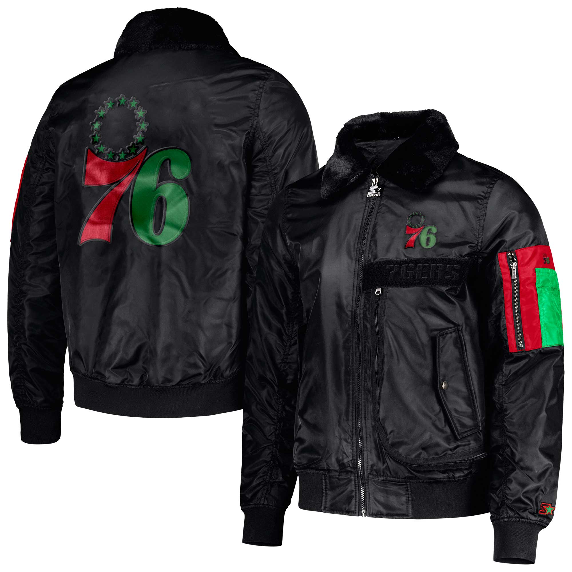 Men's Starter x Ty Mopkins Black Philadelphia 76ers Black History Month Satin Full-Zip Jacket - Image 8