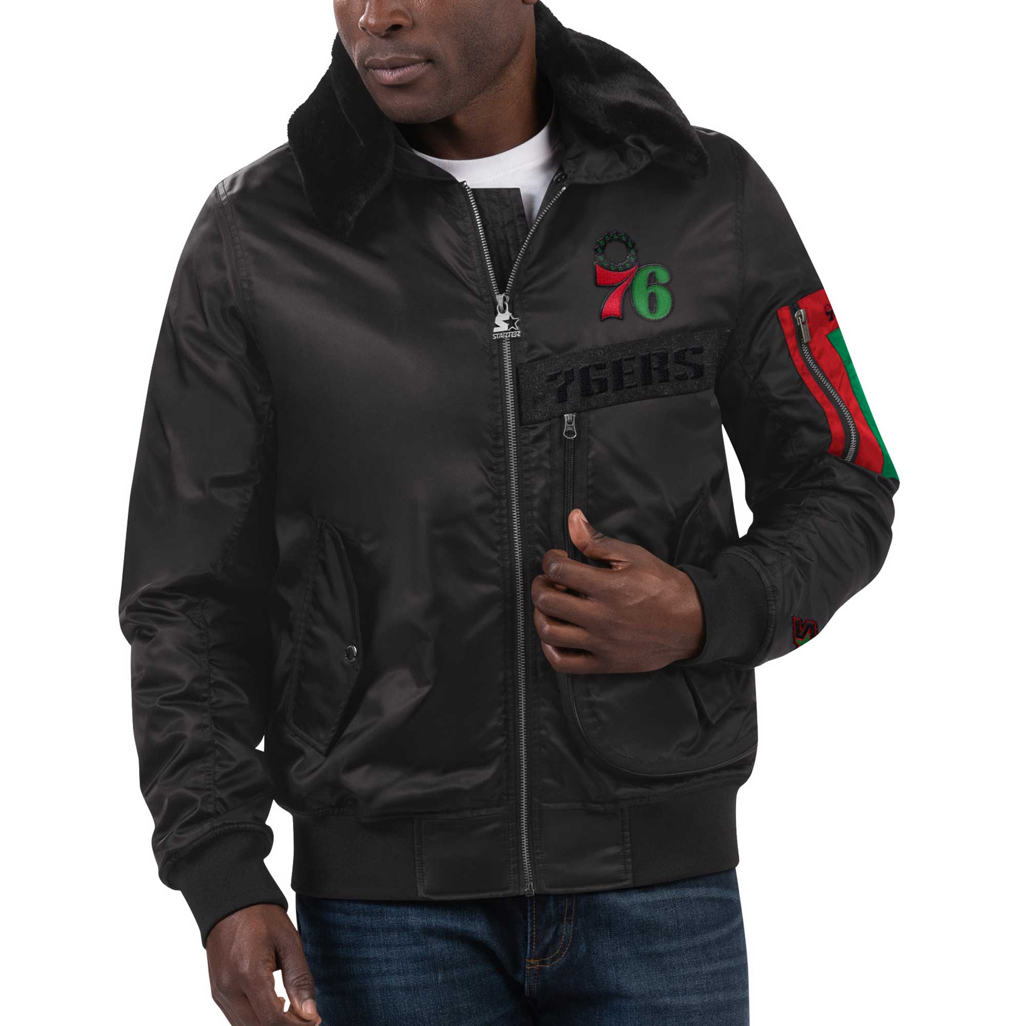 Men's Starter x Ty Mopkins Black Philadelphia 76ers Black History Month Satin Full-Zip Jacket - Image 11