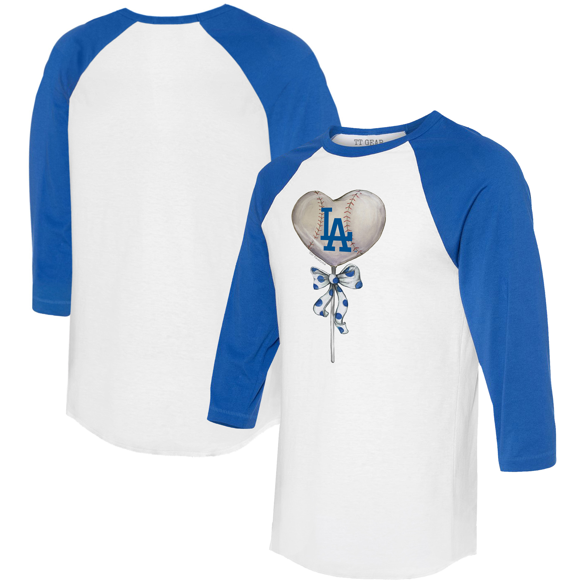 Women's Tiny Turnip White/Royal Los Angeles Dodgers Heart Lolly 3/4-Sleeve Raglan T-Shirt - Image 5