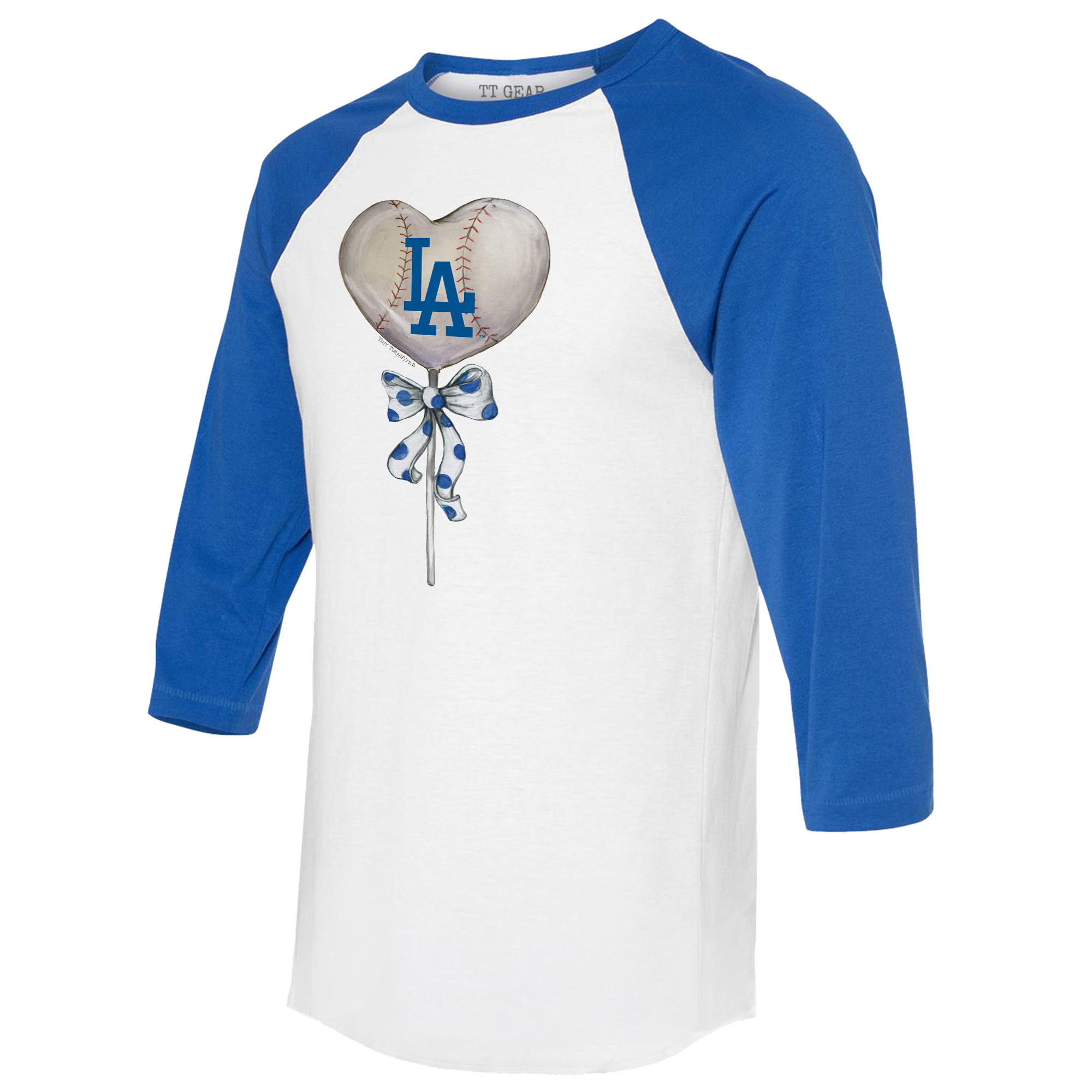 Women's Tiny Turnip White/Royal Los Angeles Dodgers Heart Lolly 3/4-Sleeve Raglan T-Shirt - Image 3